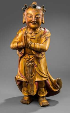 Lackvergoldete Holzfigur des Shancai tongzi - фото 1