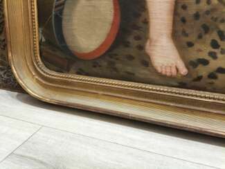 18th Century Oil Painting of Child with Tambourine Walking on a Panthera