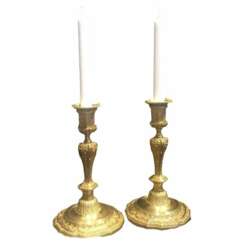 19th Century Pair of Gilded Bronze Transition Louis XV Style Candle Holders