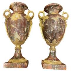 19th Century Pair of Cassolettes in Marble and Gilt Bronze