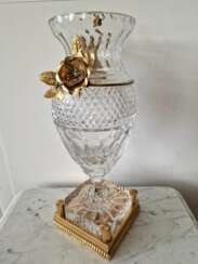 Bohemian crystal vase with bronze puti