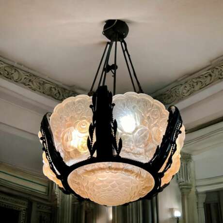 Rare And Large Glass Plaque Chandelier Val Saint Lambert Art Deco Period 1930 Glass metal 20th century - photo 8