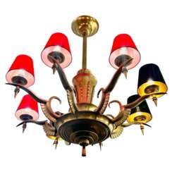 Eight-Armed Chandelier with Red or Black Lampshades, Art Deco, Mid-20th Century