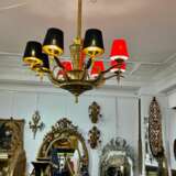 Eight-Armed Chandelier with Red or Black Lampshades Art Deco Mid-20th Century Bronze Antiquity 20th century - photo 2