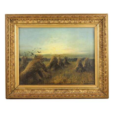 LANDSCAPE WITH HAYCOCKS AT SUNSET. J. KLEVER. RUSSIA LATE 19TH Canvas oil realism At the turn of 19th -20th century - photo 1