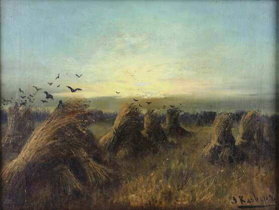 LANDSCAPE WITH HAYCOCKS AT SUNSET. J. KLEVER. RUSSIA LATE 19TH Canvas oil realism At the turn of 19th -20th century - photo 2