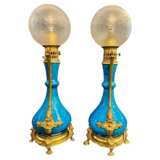 Pair Of Blue-glazed earthenware lamps in the Th&eacute;odore Deck style 19th century Bronze 19th century - photo 1