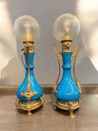 Pair Of Blue-glazed earthenware lamps in the Th&eacute;odore Deck style 19th century Bronze 19th century - photo 8