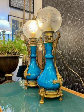 Pair Of Blue-glazed earthenware lamps in the Th&eacute;odore Deck style 19th century Bronze 19th century - photo 10
