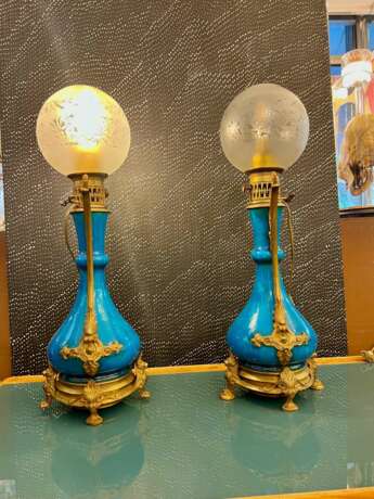 Pair Of Blue-glazed earthenware lamps in the Th&eacute;odore Deck style 19th century Bronze 19th century - photo 11