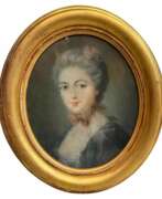 Overview. Portrait of a young woman in an gilt oval frame, pastel drawing, 18th century