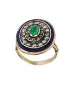 Enamel. 583 gold ring, with emerald, diamonds and blue enamel. 