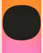 Рупрехт Гайгер. Rupprecht Geiger. Variation Runde Farbe I / schwarz mit Spritzer auf orange-rot