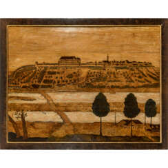 Inlaid picture with view of the Dachau Castle on the Amper River. Attributed to Franz Riemb (Rientz), Munich, 1st half of the 18th century