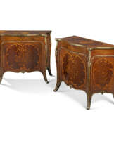 A PAIR OF GEORGE III LACQUERED-GILT-BRONZE-MOUNTED KINGWOOD, HAREWOOD, AMARANTH AND MARQUETRY SERPENTINE COMMODES