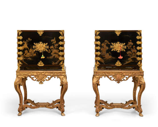 A PAIR OF REGENCE GILT-METAL-MOUNTED BLACK AND GILT JAPANESE LACQUER CABINET-ON-STANDS - photo 1