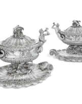 A PAIR OF GEORGE IV SILVER SOUP TUREENS, COVERS, LINERS AND STANDS FROM THE DUKE OF DEVONSHIRE'S GRAND SERVICE