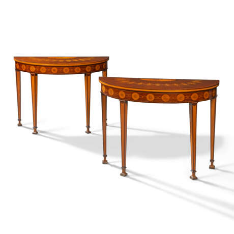 A PAIR OF GEORGE III HAREWOOD, SYCAMORE, AMARANTH, MAHOGANY AND MARQUETRY DEMI-LUNE PIER TABLES - photo 1