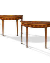 A PAIR OF GEORGE III HAREWOOD, SYCAMORE, AMARANTH, MAHOGANY AND MARQUETRY DEMI-LUNE PIER TABLES