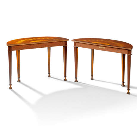 A PAIR OF GEORGE III HAREWOOD, SYCAMORE, AMARANTH, MAHOGANY AND MARQUETRY DEMI-LUNE PIER TABLES - photo 5