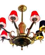 Produktkatalog. Eight-Armed Chandelier with Red or Black Lampshades, Art Deco, Mid-20th Century