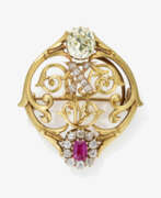 Dress jewellery. A brooch with ruby and diamonds. Saint Petersburg, late 19th century, FABERGÉ, MEISTER AUGUST WILHEM HOLMSTRÖM