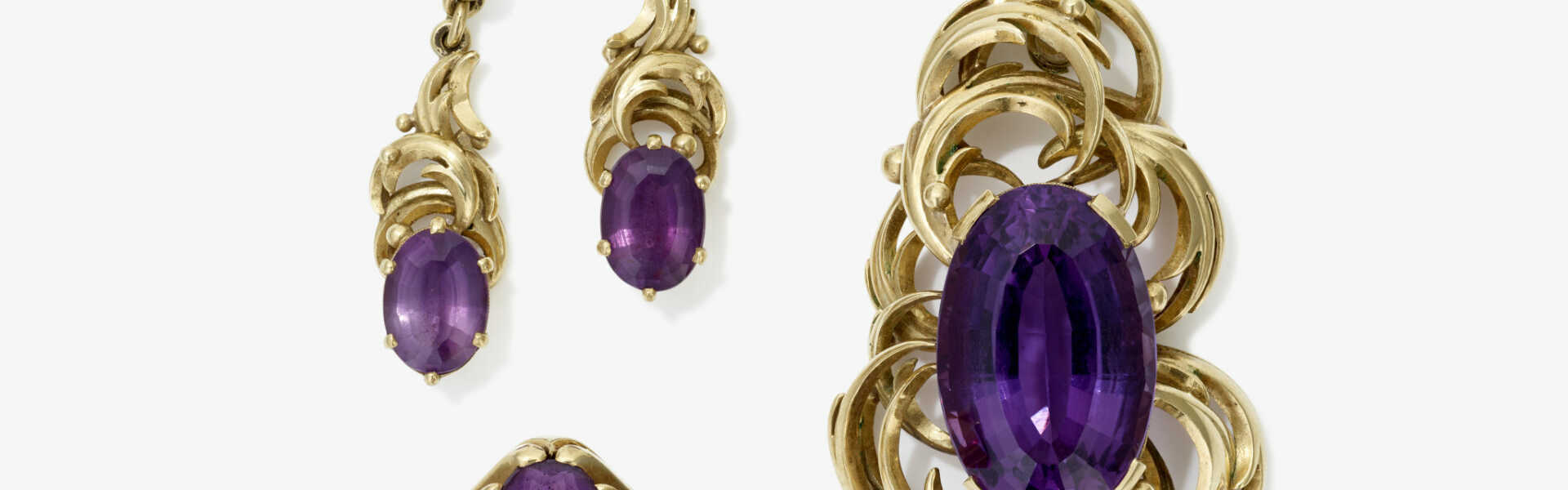 A parure consisting of a pendant, pair of drop earrings, and a ring with amethysts. Germany, 1950s - 1960s A parure consisting of a pendant, pair of drop earrings, and a ring with amethysts. Germany, 1950s - 1960s