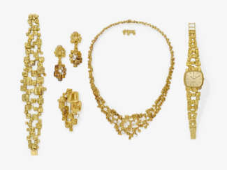 A parure consisting of a necklace, bracelet, brooch, pair of drop earrings, and a wristwatch. Switzerland and Germany, 1970s, necklace and wristwatch: OMEGA