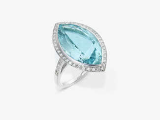 A Marquise ring decorated with a fine azure-green aquamarine and brilliant-cut diamonds. Germany, 1990s - 2000s