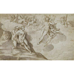 Hans Rottenhammer, zugeschrieben. Venus, begleitet von Amoretten, nähert sich einem Satyrn mit Nymphe