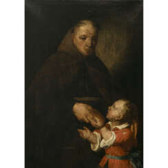 Spanien 17th century. Monk handing a child a loaf of bread