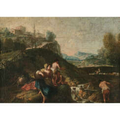 Giuseppe Zais, zugeschrieben. Riverside landscape with bathers