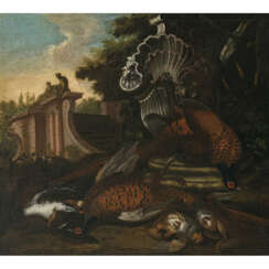 Jakob Samuel Beck. Hunting still life with pheasants, partridges, and duck in a park landscape