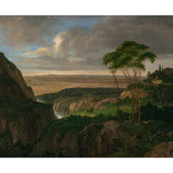 Deutsch circa 1834. Campagna landscape with herders and travellers