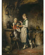 Heinrich Hirt. Heinrich Hirt. Mother with child and cats in the kitchen