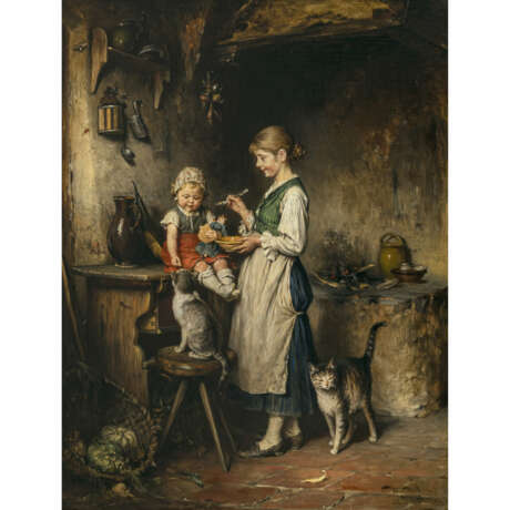 Heinrich Hirt. Mother with child and cats in the kitchen - photo 1
