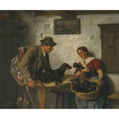 Adolf Eberle. Hunter with maid, dachshund, and puppies