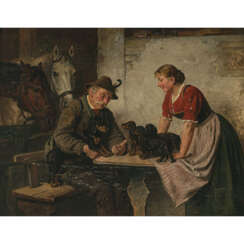 Adolf Eberle. Hunter and maid with dachshund and puppies