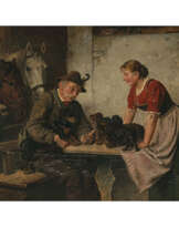 Adolf Eberle. Hunter and maid with dachshund and puppies