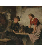 Адольф Эберле. Adolf Eberle. Hunter and maid with dachshund and puppies