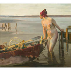 Reinhold Max Eichler. Female nude with boat on the lakeshore