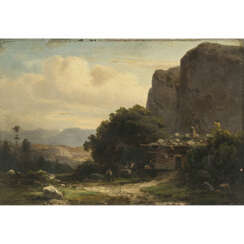 Hugo Ullik. Mountain landscape with hunter in front of an Alpine hut