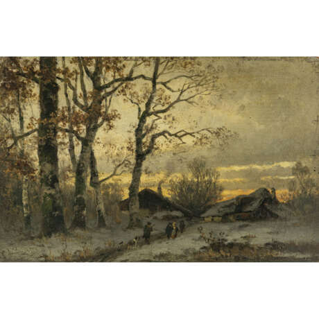 Conrad (Konrad) Wimmer. Lakeshore with fisherman - Autumnal moorland landscape with hunter - Winter landscape - фото 1