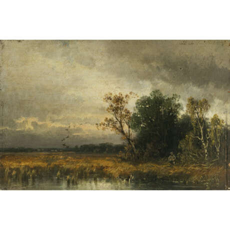Conrad (Konrad) Wimmer. Lakeshore with fisherman - Autumnal moorland landscape with hunter - Winter landscape - фото 2