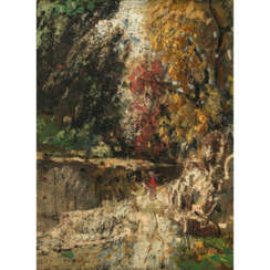 Narcisse Virgile Diaz de la Peña. Herbstliche Waldlandschaft mit Spaziergängerin