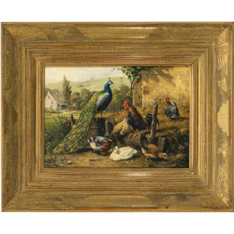 Carl Jutz d. Ä.. Peacock with cock, chickens and ducks - photo 2