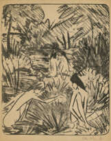 Otto Mueller. Forest lake with three bathing girls and one seated. 1918