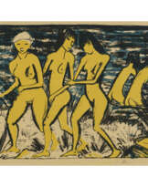 Otto Mueller. Five yellow nudes by the water (five girls on the beach, North Sea, bathing girls). 1921