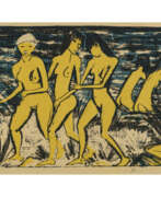Графика. Otto Mueller. Five yellow nudes by the water (five girls on the beach, North Sea, bathing girls). 1921