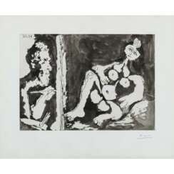 Pablo Picasso. Peintre et modele avec un noeud dans les cheveux. 1964